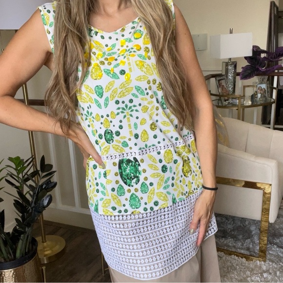 Giorgio Grati Vtg White Green Leaves Pattern Bedazzled Sleeveless Viscose Top XL - Picture 3 of 14